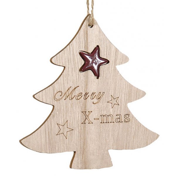Χριστουγεννιάτικο Κρεμαστό Ξύλινο Δεντράκι, με Σχέδιο "Merry X-mas" και Αστεράκι Μωβ (11cm)